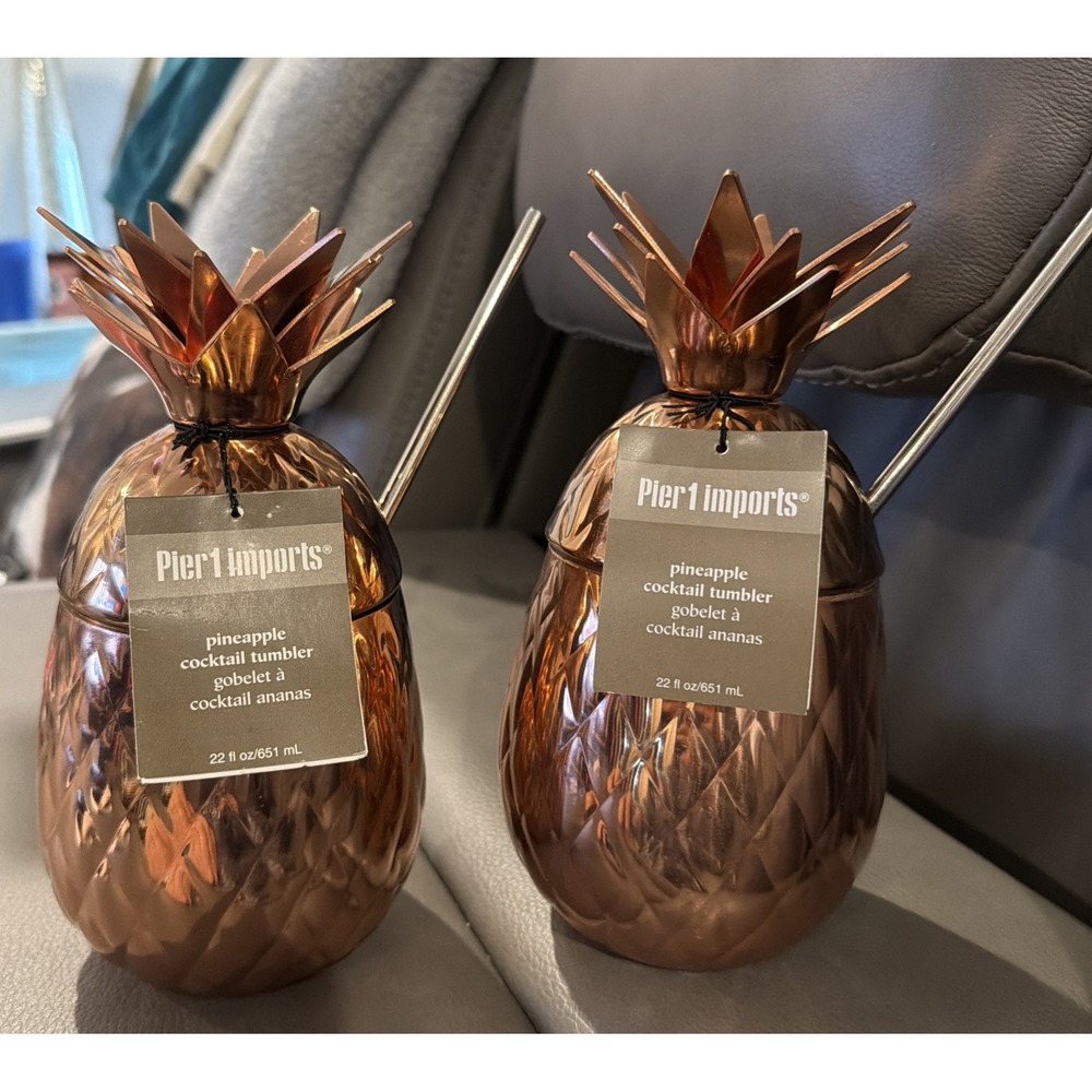 Pier One Copper Pineapple Cocktail Tumblers 7.5" Straw Included Set Of 2 NWT
